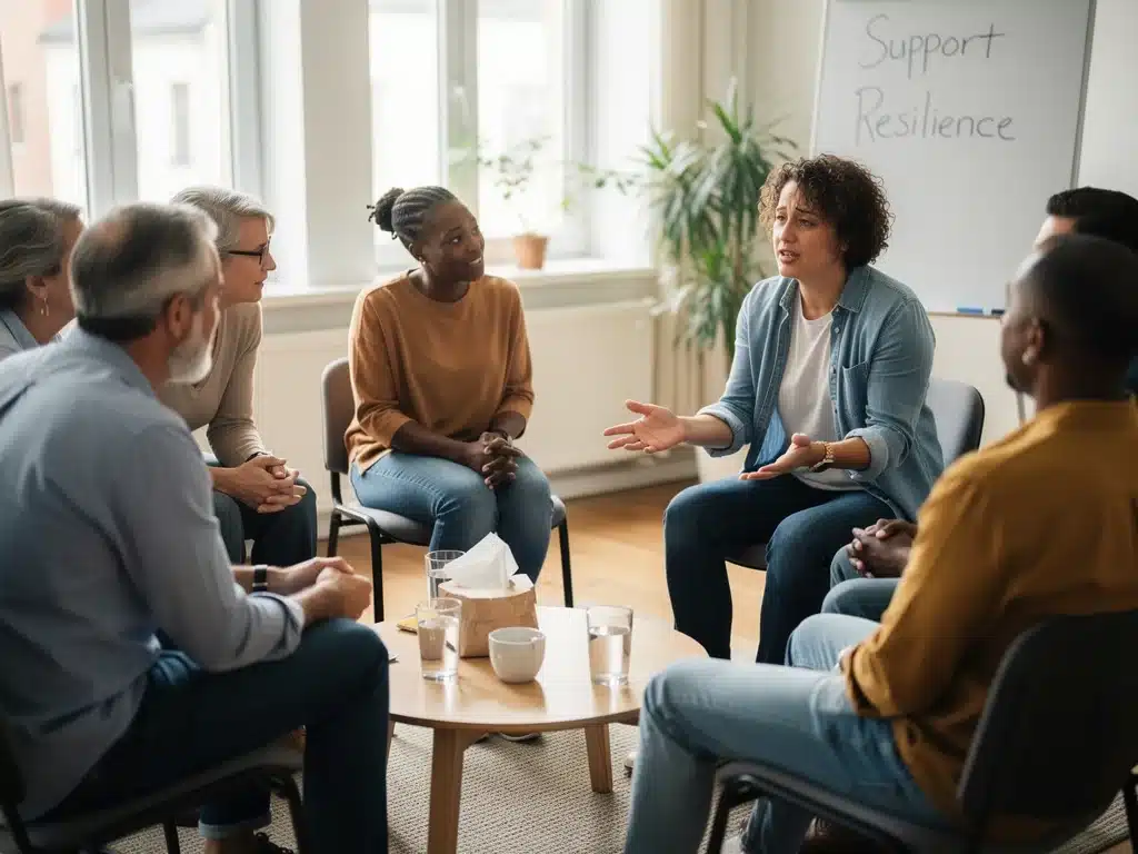 Group therapy session showing supportive interaction and connection.