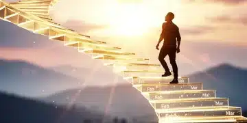 Person climbing a luminous staircase, symbolizing a journey of personal growth and transformation over three months.
