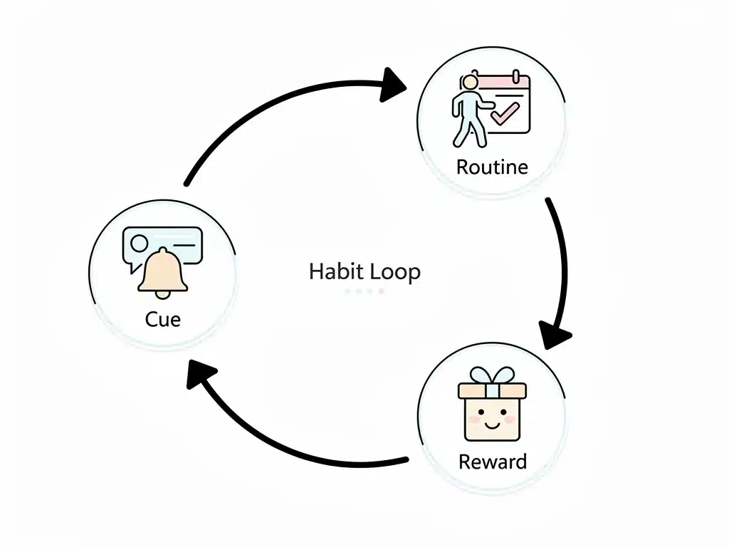 Diagram illustrating the three-part habit loop: cue, routine, reward