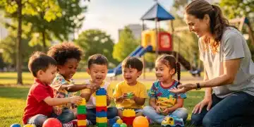 Happy children playing outdoors with a parent, fostering resilience and positive development.