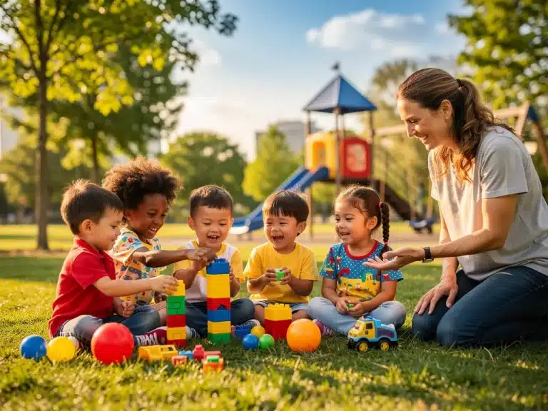 Happy children playing outdoors with a parent, fostering resilience and positive development.
