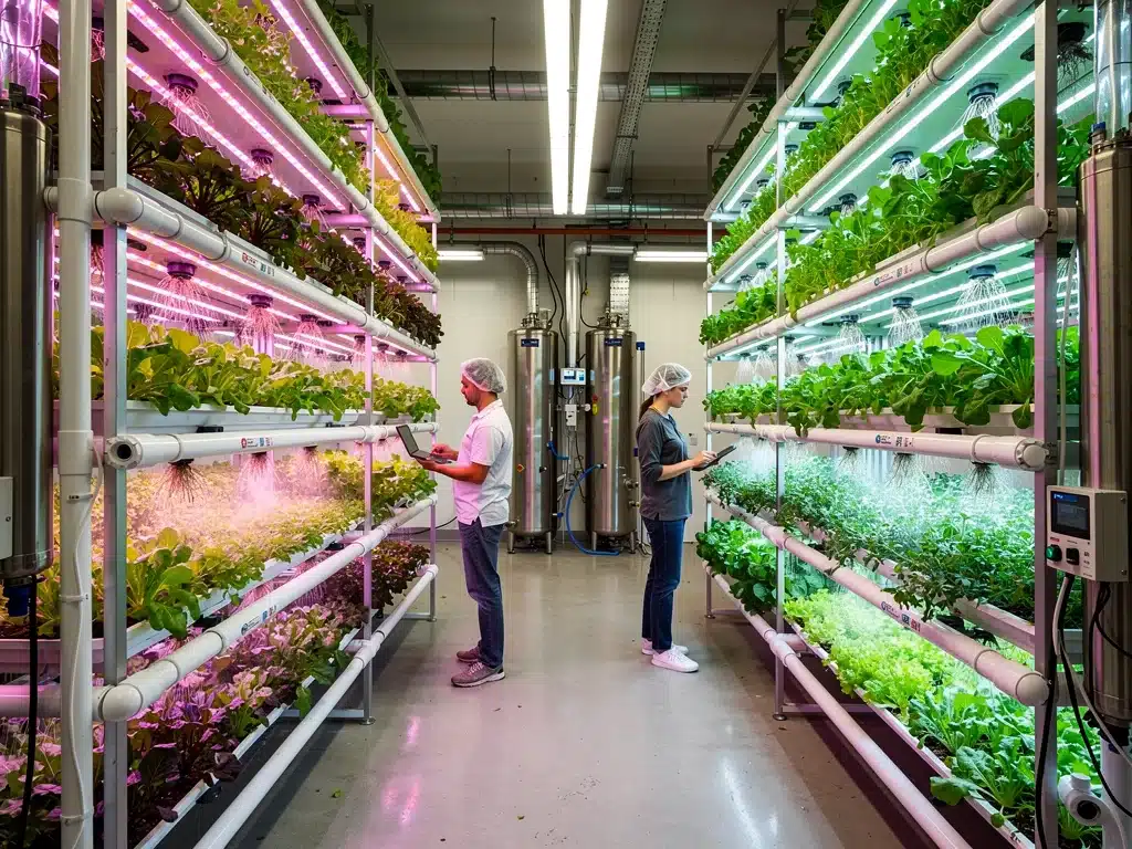 Indoor vertical farm with LED-lit plants, showcasing sustainable urban agriculture.