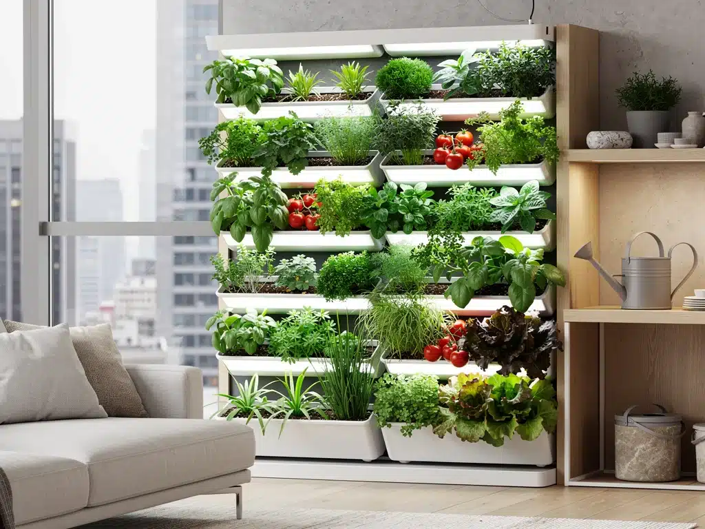 Indoor vertical garden with herbs and LED grow lights in a modern home