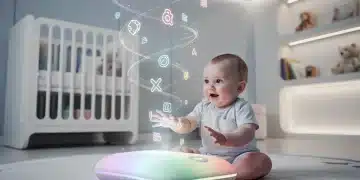 Infant interacting with AI educational device in a futuristic nursery setting, promoting cognitive development.