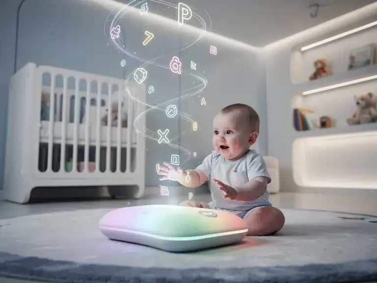 Infant interacting with AI educational device in a futuristic nursery setting, promoting cognitive development.