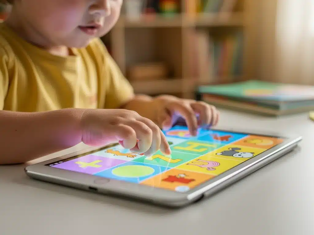 Child's hands playing an interactive learning game on a tablet