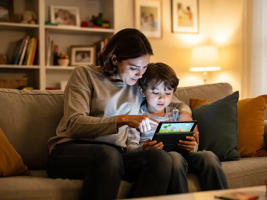 Parent and child engaging with tablet interactively