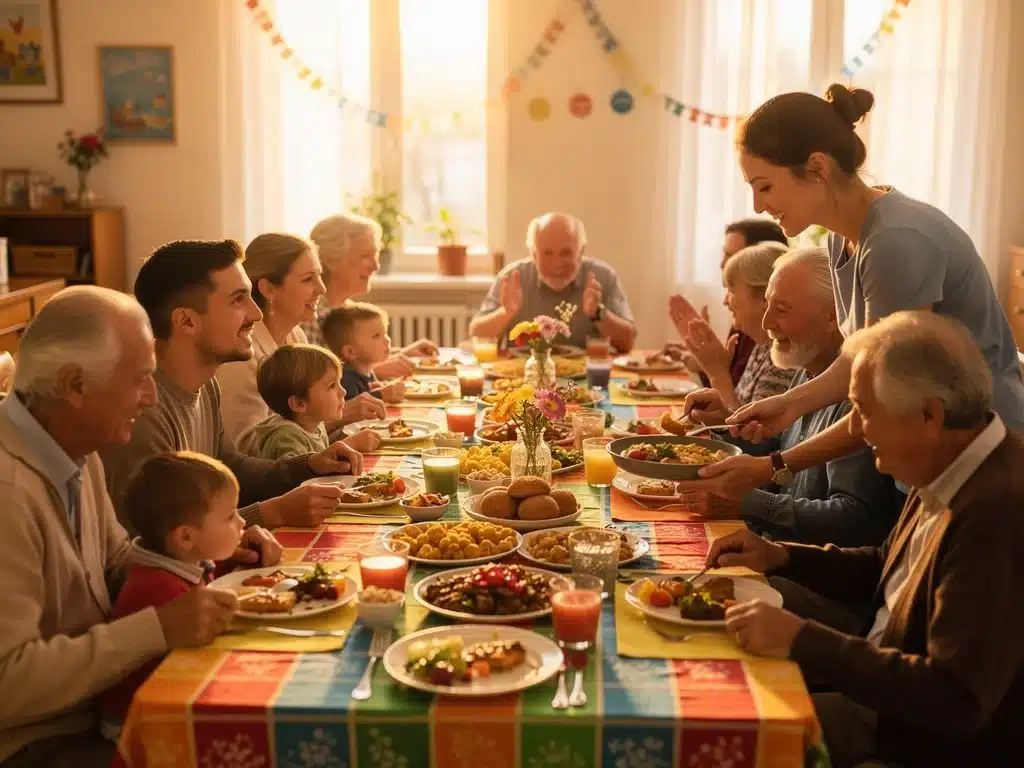 Intergenerational community meal fostering social bonds.