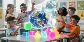 Children learning with augmented reality glasses, interacting with holographic educational content.
