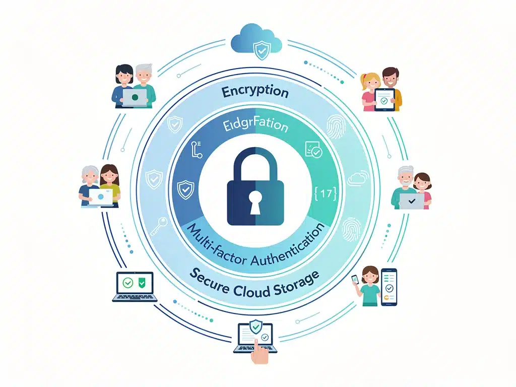 Infographic illustrating layered digital security measures for family data protection