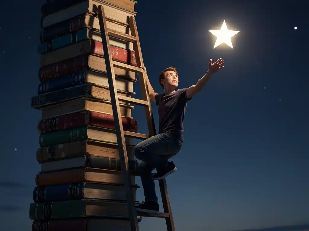 Person climbing book ladder towards a star, representing learning and goal achievement