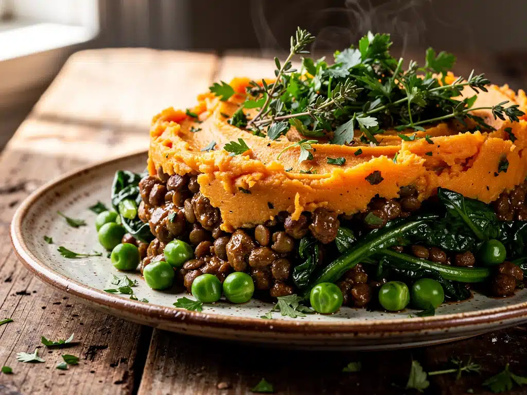 Delicious and hearty plant-based lentil shepherd's pie, a healthy family dinner option.