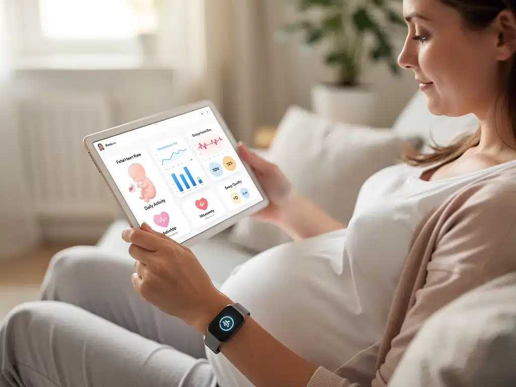 Expectant mother reviewing fetal health data on tablet app