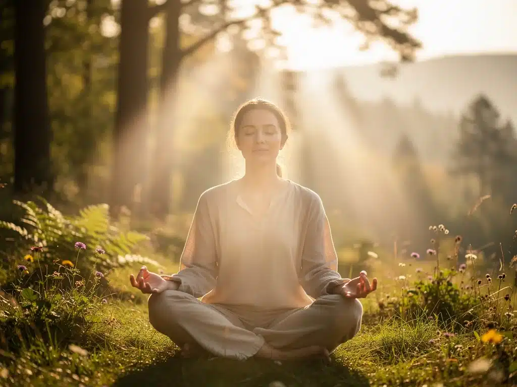 Person meditating outdoors, embodying mental clarity