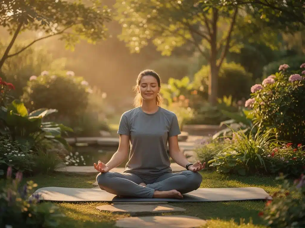 Person meditating in a serene garden, representing mindfulness and stress reduction