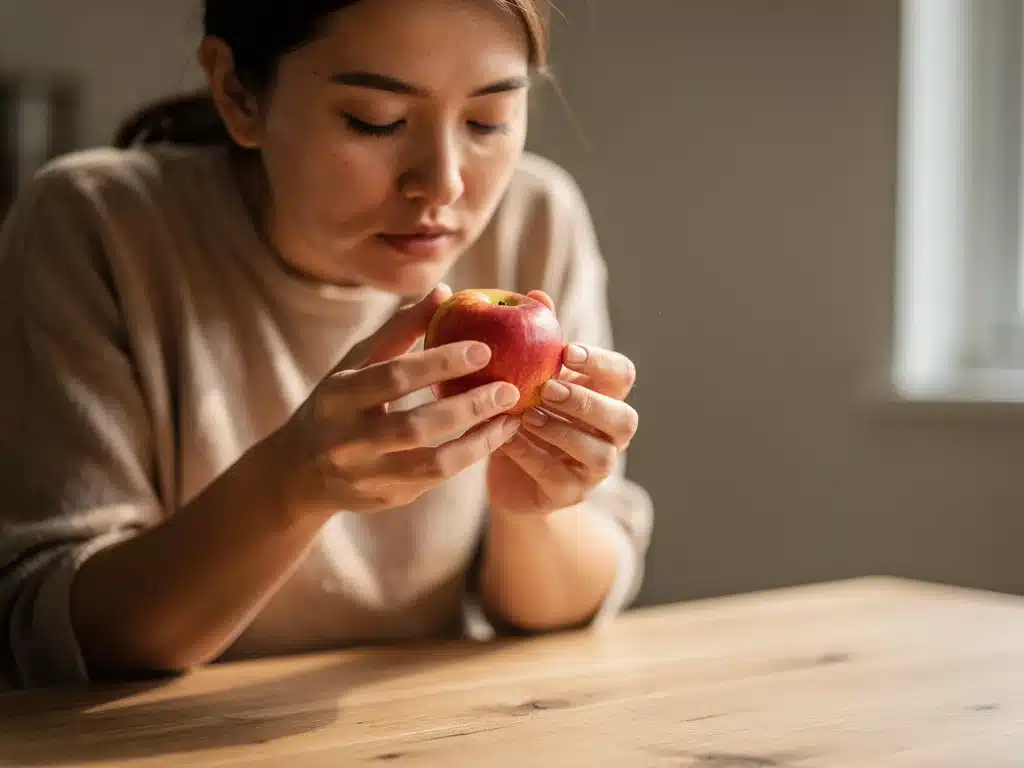 Person mindfully eating a piece of fruit, focusing on sensory details.