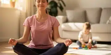 Parent practicing mindfulness with child nearby, calm and focused