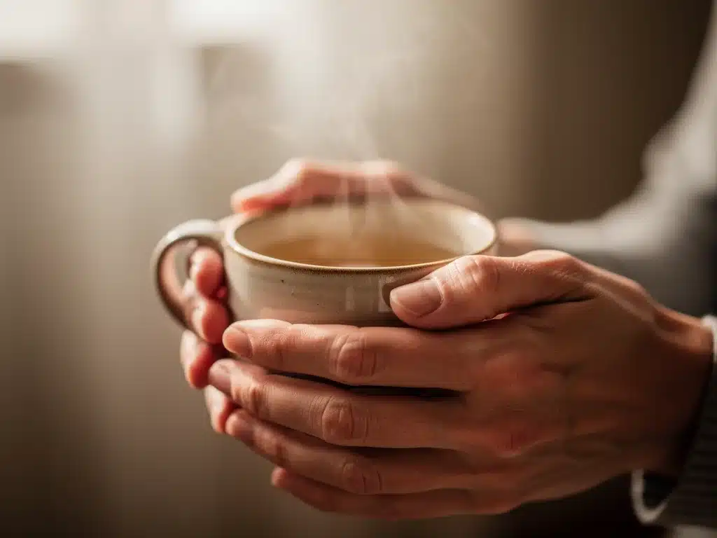 Mindful tea drinking, hands holding warm mug, steam rising