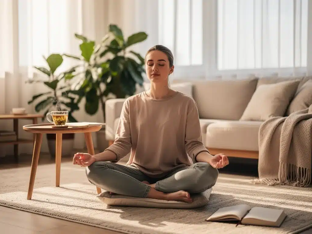 Person meditating, emphasizing mental well-being and mindfulness for social adaptation.