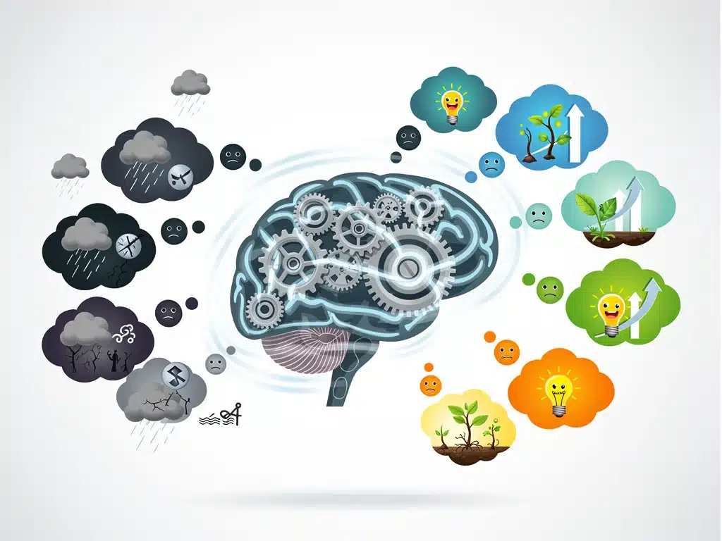 Graphic of brain with gears, illustrating positive mindset shifts