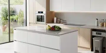 Modern eco-friendly kitchen with smart appliances and natural light