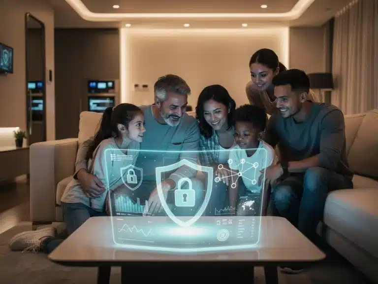 Modern family using holographic cybersecurity interface