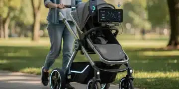 Modern parent with high-tech smart stroller in park