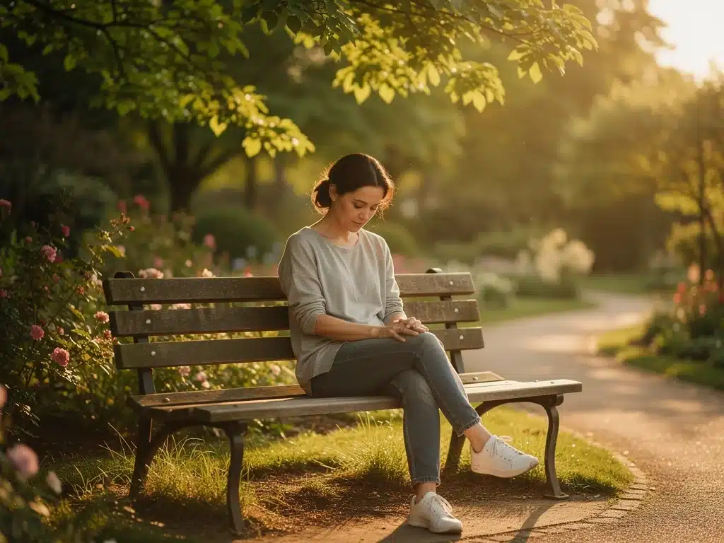 Mother finding peace and reflection in a serene natural environment.