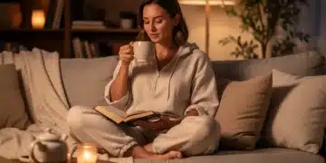 A mother enjoying a moment of peaceful self-care, drinking tea in a calm environment.