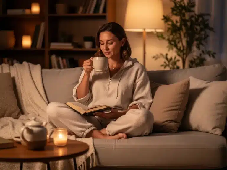 A mother enjoying a moment of peaceful self-care, drinking tea in a calm environment.