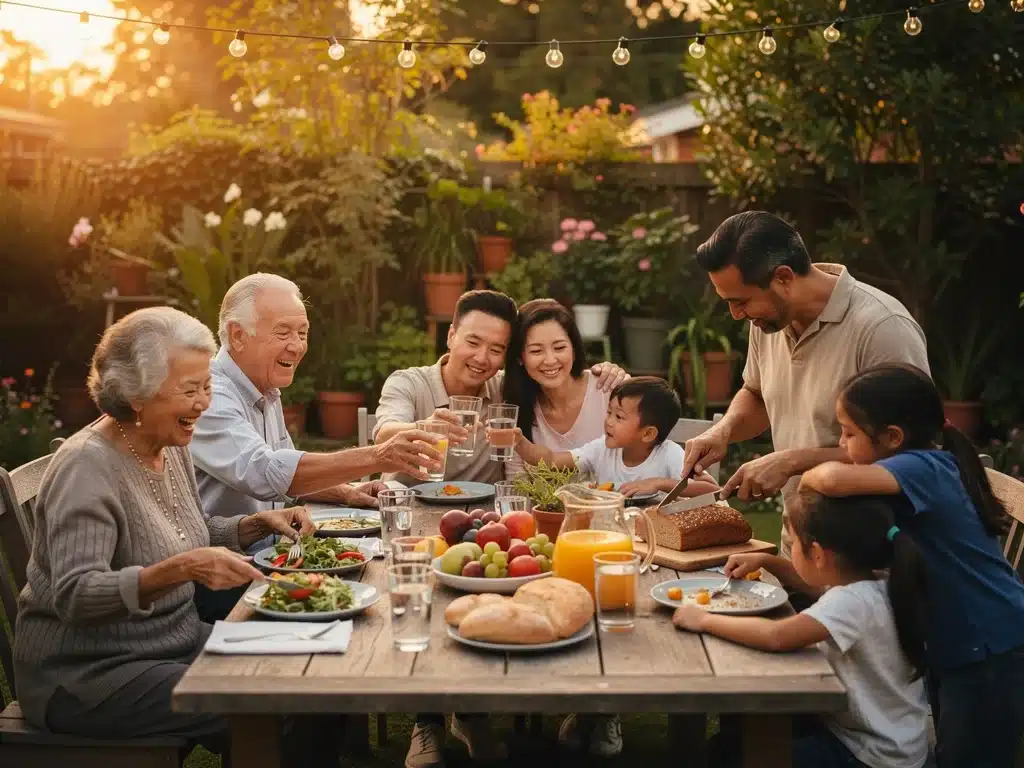 Multi-generational family enjoying an outdoor meal, symbolizing family support networks.