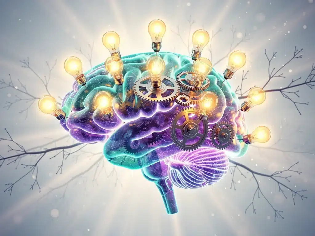 Brain with gears and light bulbs, symbolizing neuroplasticity and the power of a growth mindset.