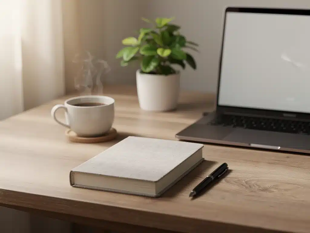 Organized desk with journal and coffee, symbolizing a productive morning routine