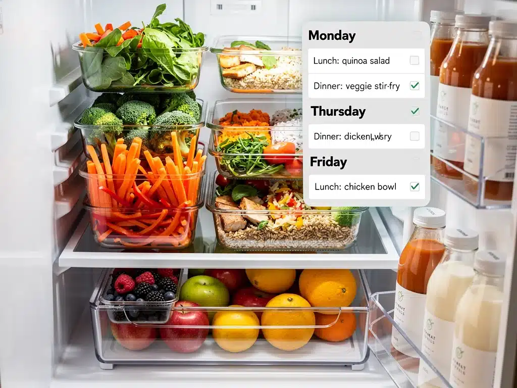 Organized refrigerator with fresh ingredients for meal prep