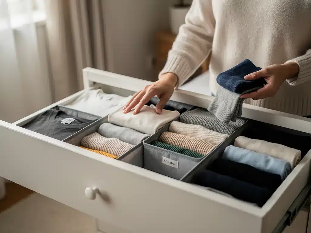 Person organizing a neatly folded clothes drawer
