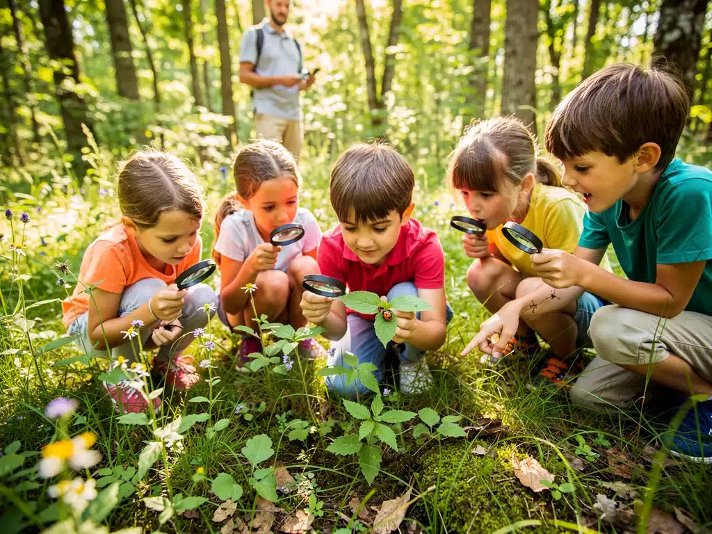 Children exploring nature in an outdoor classroom