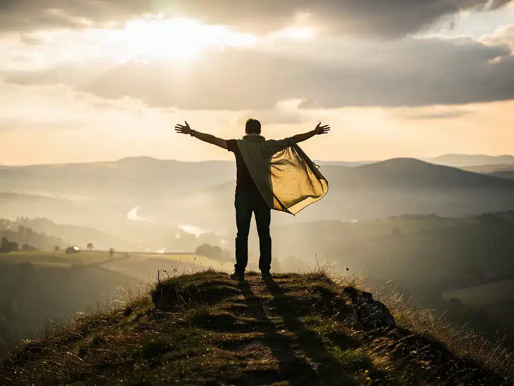 Person on a hilltop, arms outstretched, symbolizing triumph and embracing challenges.