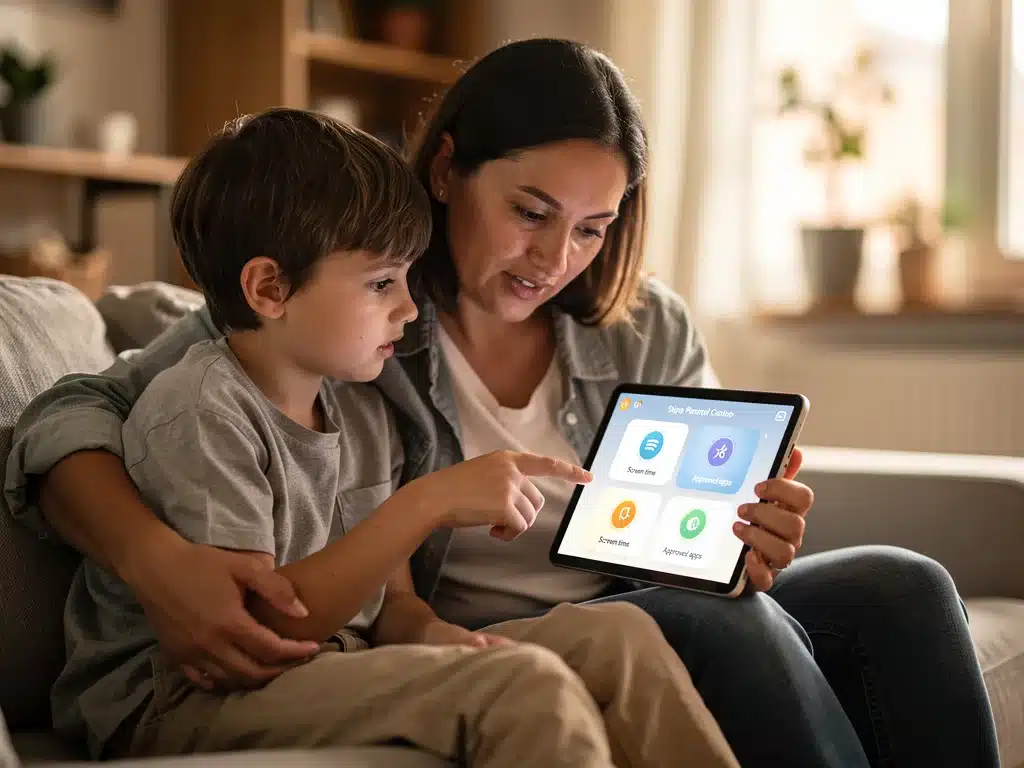 Parent and child discussing digital habits with parental control app.