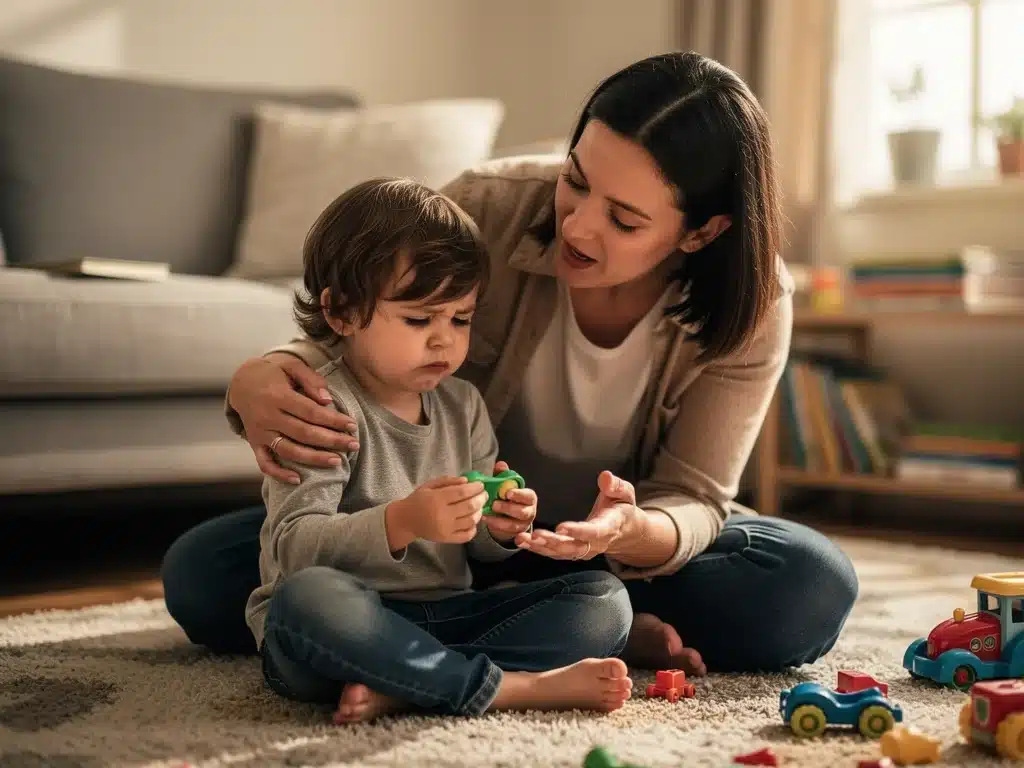 Parent helping child regulate emotions and problem-solve during a challenging moment.