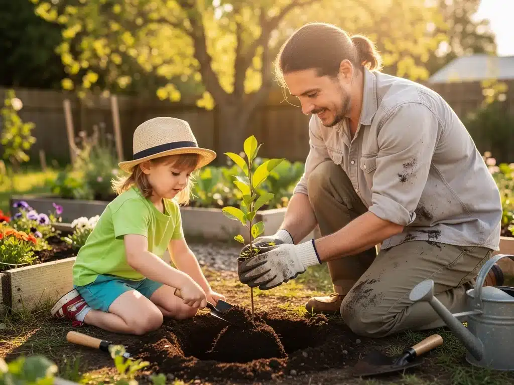 Parent and child planting a tree together, promoting eco-conscious values