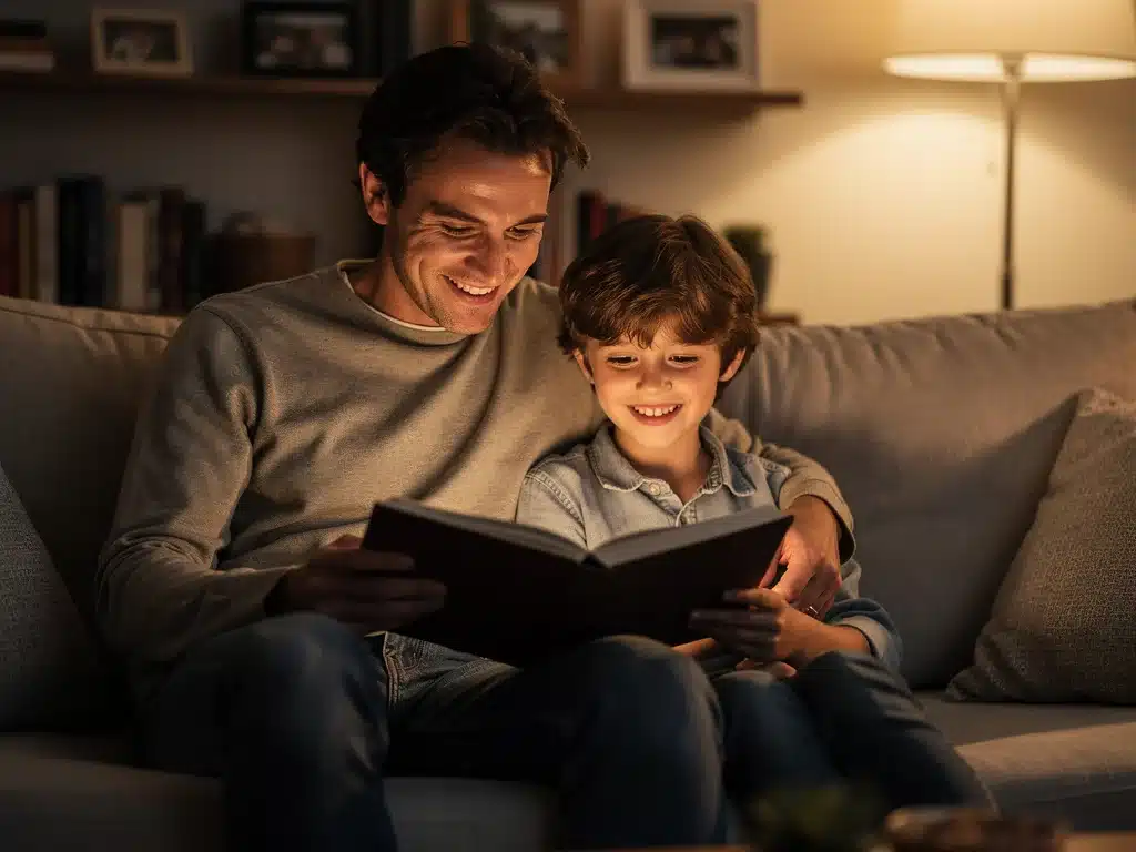 Parent and child reading a book together, fostering connection without screens