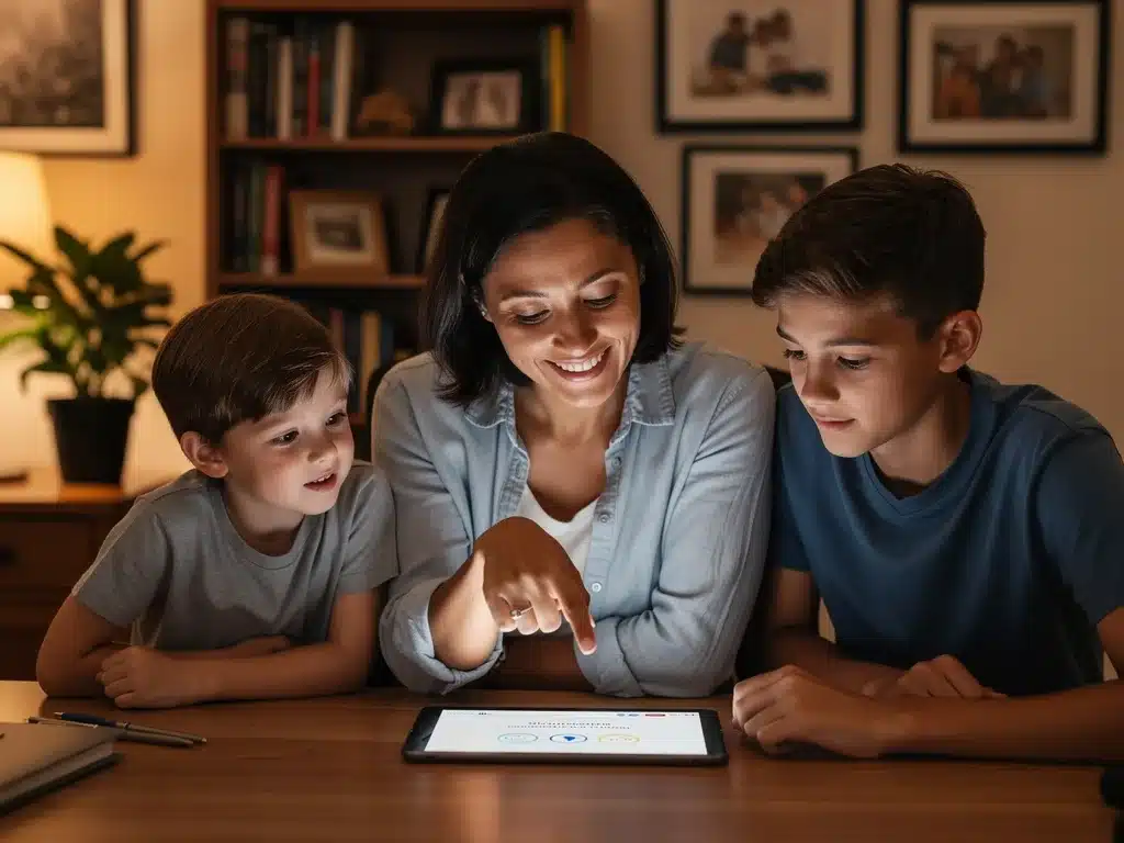 Parent teaching children about online safety on a tablet