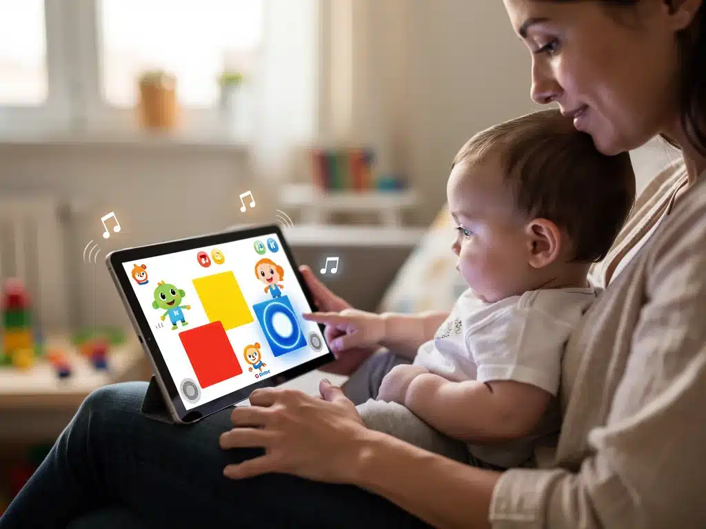 Parent and infant using an AI learning app on a tablet for early cognitive stimulation.