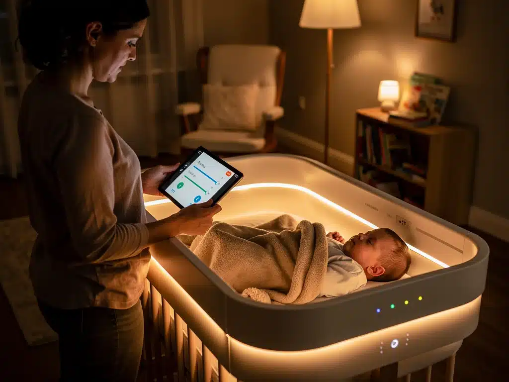 Parent adjusting smart crib settings for baby's comfort