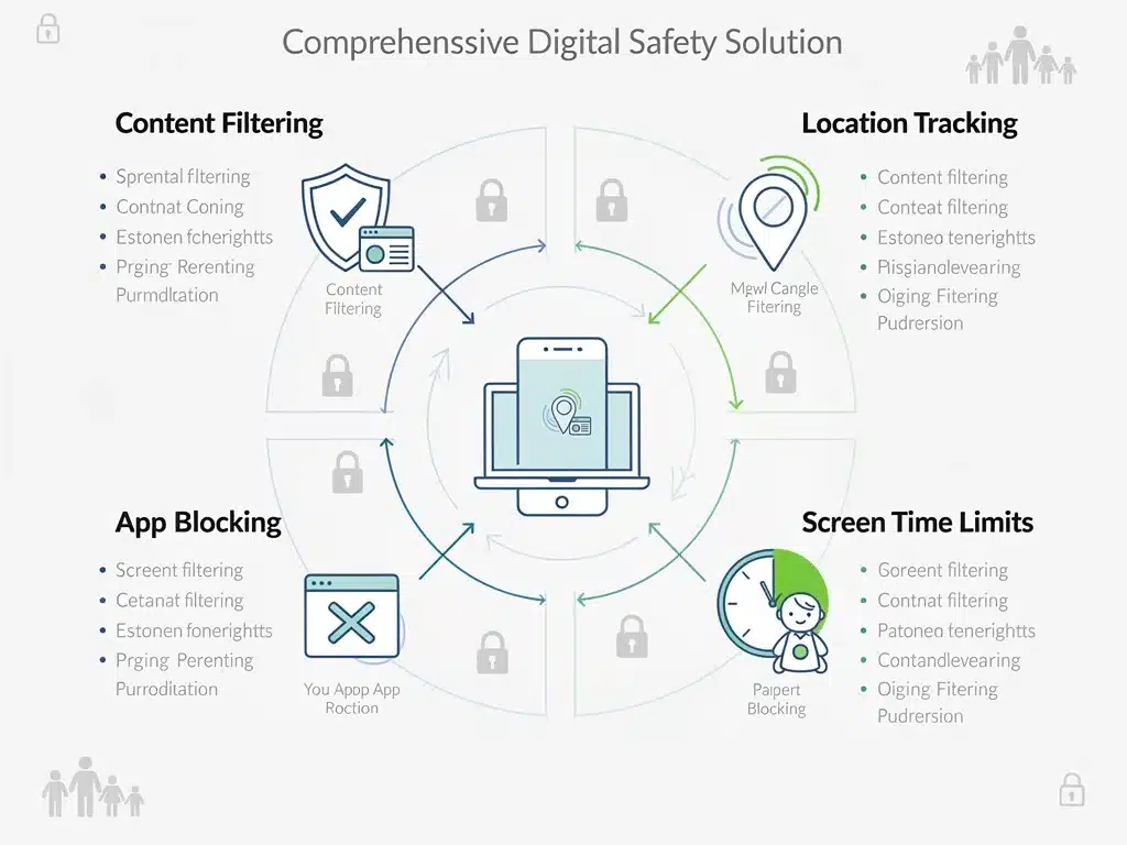 Infographic detailing advanced features of parental control software for digital safety.