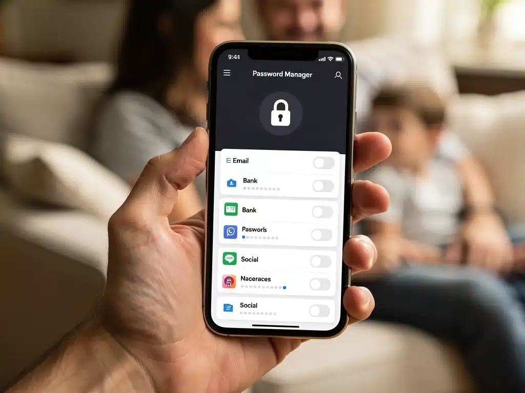 Close-up of a hand using a password manager app on a smartphone for family data security