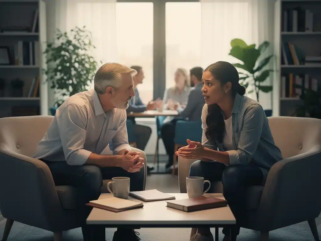 Employees engaging in a supportive peer conversation in an office setting
