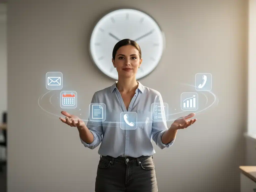 Person efficiently juggling tasks with a background clock, symbolizing prioritization.