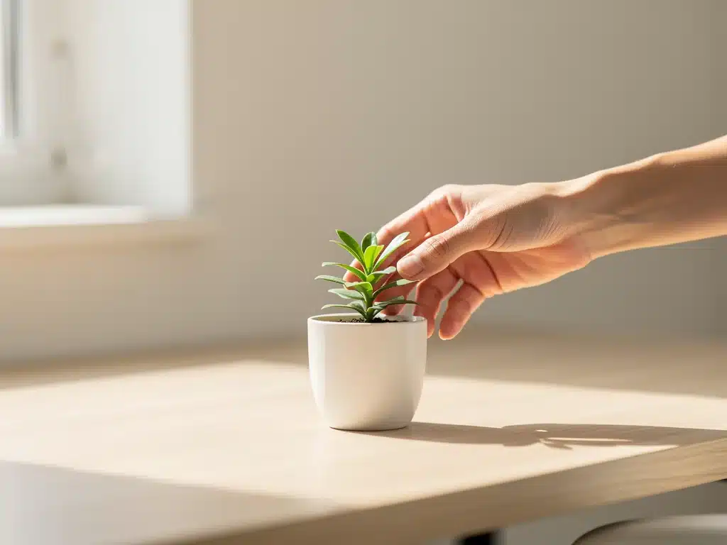 Hand placing a small plant on a clean desk