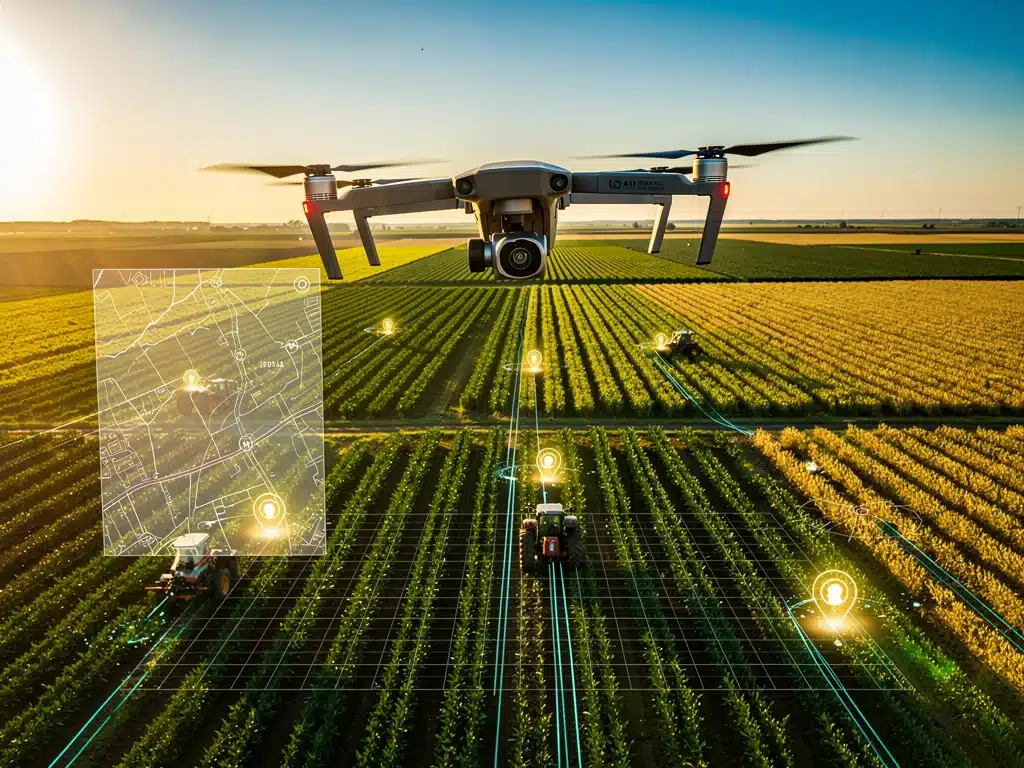 Drone overseeing precision agriculture in a large farm field, symbolizing technological efficiency.